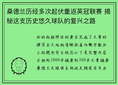桑德兰历经多次起伏重返英冠联赛 揭秘这支历史悠久球队的复兴之路